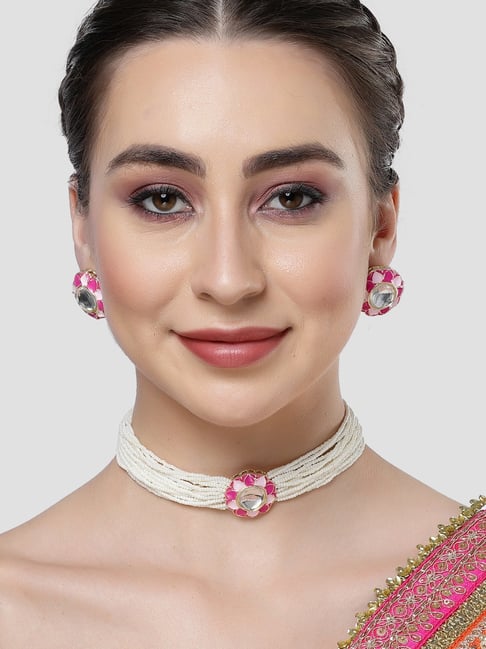 Karatcart Pink Meena Floral Shape White Moti Choker Necklace Set for Women