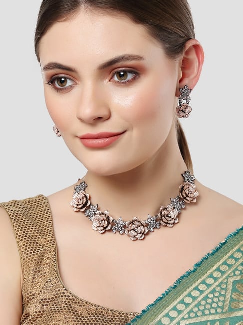 Karatcart Rose Golden Necklace & Earring Set for Women