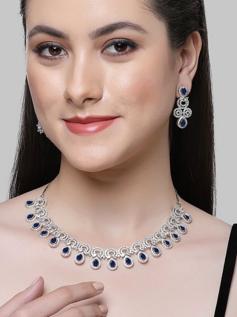 Mahi Rose Blue Heart Sparkels Crystal Layered Necklace with Dangler Ea