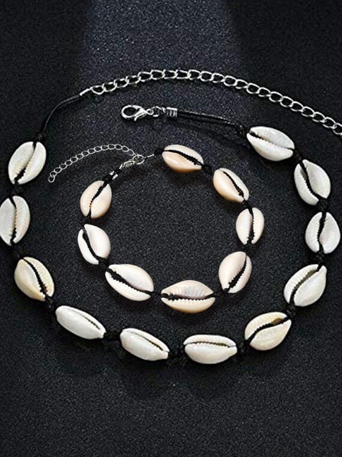 Oomph White Black Sea Shell Bohemian Beachwear Fashion Necklace Anklet  Set