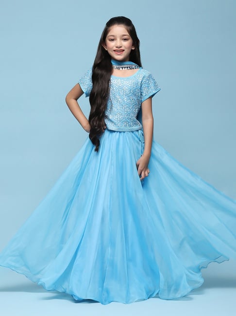 BIBA Girls Kids Blue Embroidered Lehenga Set