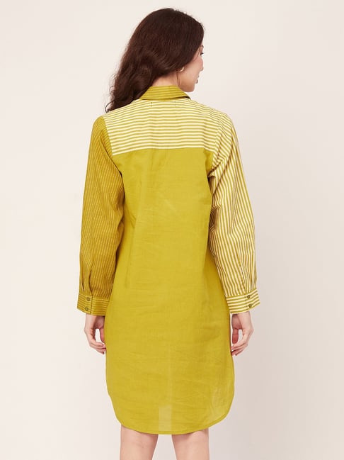 Moomaya Yellow Cotton Striped Shirt Dress