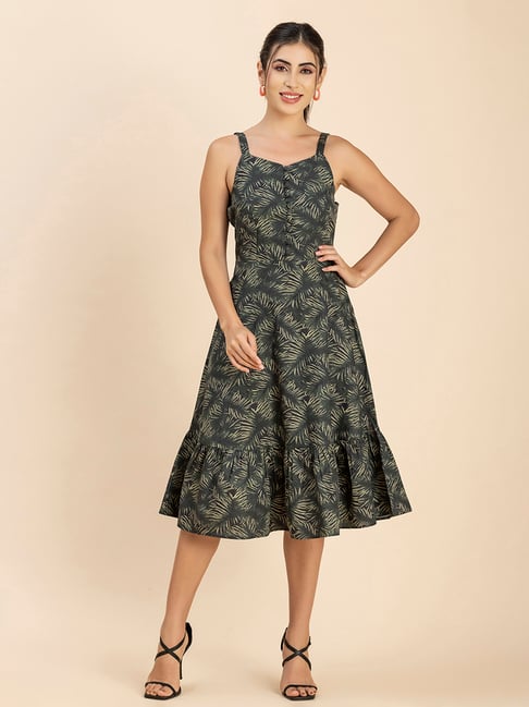 Buy Moomaya Green Cotton Printed Midi Dress for Women Online @ Tata CLiQ