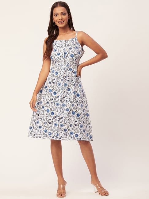 Moomaya White & Blue Cotton Floral Print A Line Dress