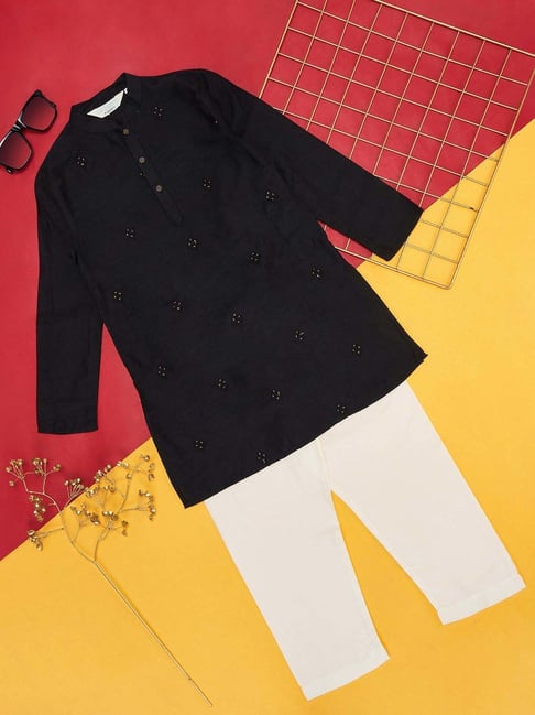 Indus Route by Pantaloons Kids Black & White Embroidered Full Sleeves Kurta Set