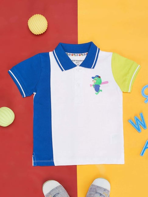 Pantaloons Baby White & Blue Cotton Printed Polo T-Shirt