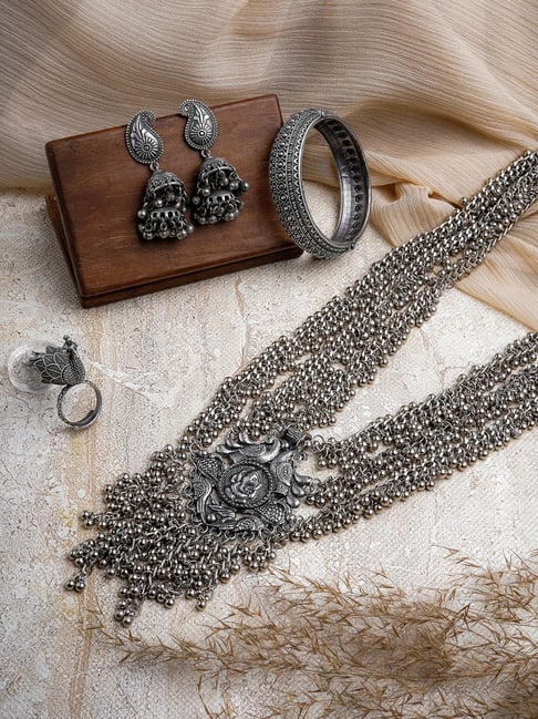 Ethnic Silver Oxidised Necklace with Earrings for Women | FashionCrab.com