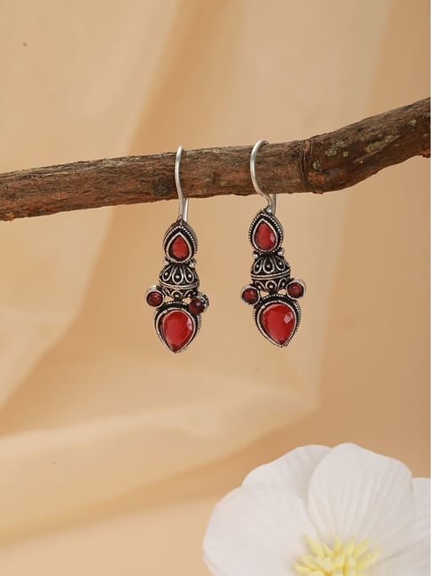 Aatmana Silver-Plated & Red Dome Drop Earrings-picture-30