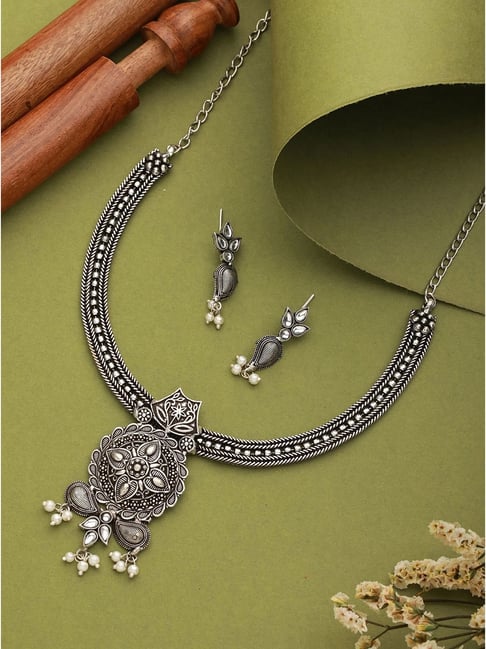 Aatmana White Silver-Plated Oxidized Stone-Studded Floral Jewellery Set-picture-29
