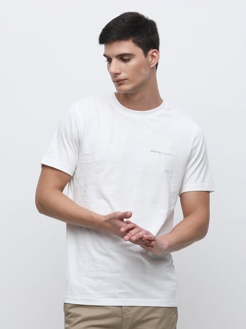 SELECTED HOMME Bright White Slim Fit Printed Cotton Crew T-Shirt