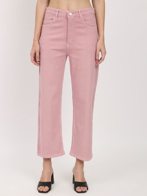 Angelfab Light Pink Cotton Straight Fit High Rise Jeans
