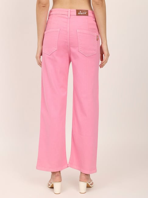 Angelfab Pink Cotton Straight Fit High Rise Jeans