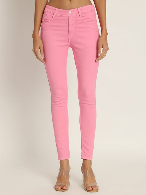 Angelfab Pink Cotton Skinny Fit High Rise Jeans