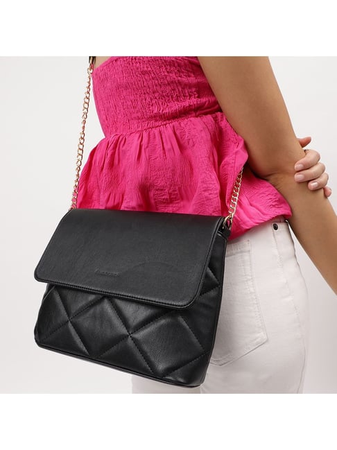 Sassora Genuine Leather Black Quilted Designed Shoulder Bag