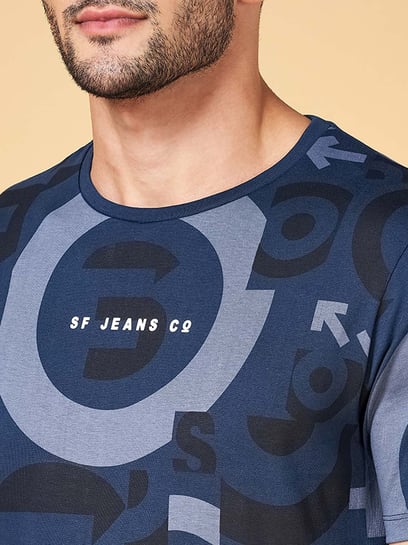 SF Jeans by Pantaloons Navy Cotton Regular Fit Printed T-Shirt