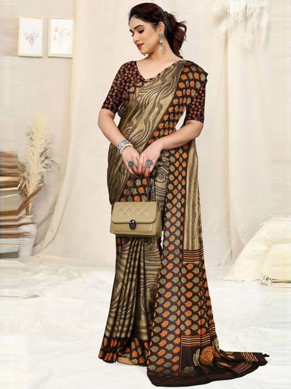 Light Brown and Mustard Yellow Block Printed Supernet Kota saree With  Mirror Work- Desically Ethnic