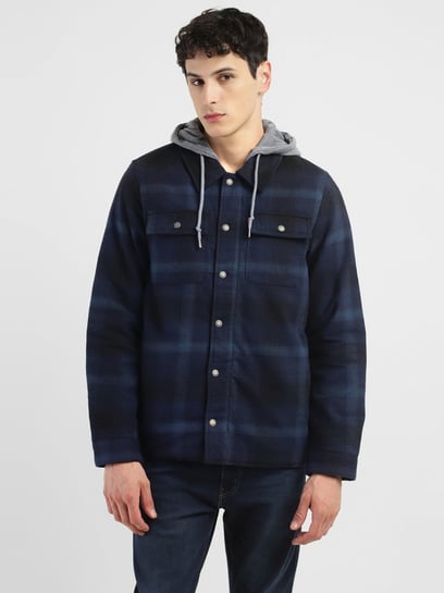 Buy Levi's Blue Cotton Regular Fit Checks Hooded Jacket for