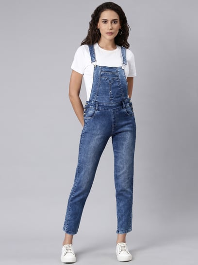 Buy FINSBURY LONDON Women Blue Solid Cotton Slim Fit Denim Dungarees -  Dungarees for Women 14651942 | Myntra
