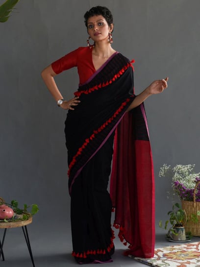 Buy Cherry Red and Black Saree With Unstitchd Blouse by Designer RI RITU  KUMAR Online at Ogaan.com