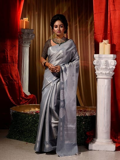 Grey Heavy Pure Crape Soft Silk Saree with Sequence Threads Work in USA,  UK, Malaysia, South Africa, Dubai, Singapore