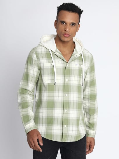 Lee Green Regular Fit Check Hooded Shirt