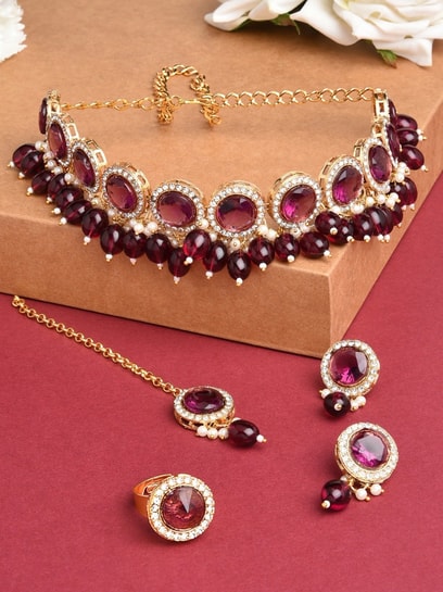 Burgundy Rhinestone w/ Swarovski Crystal Earrings & Necklace Set - Pink  Princess