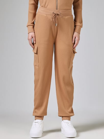 Buy Studiofit Beige Ribbed High-Waisted Joggers from Westside