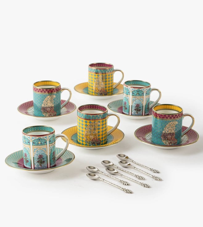 Set Of 6- Pomegranates & Roses Demitasse Cup & Saucer With Spoon