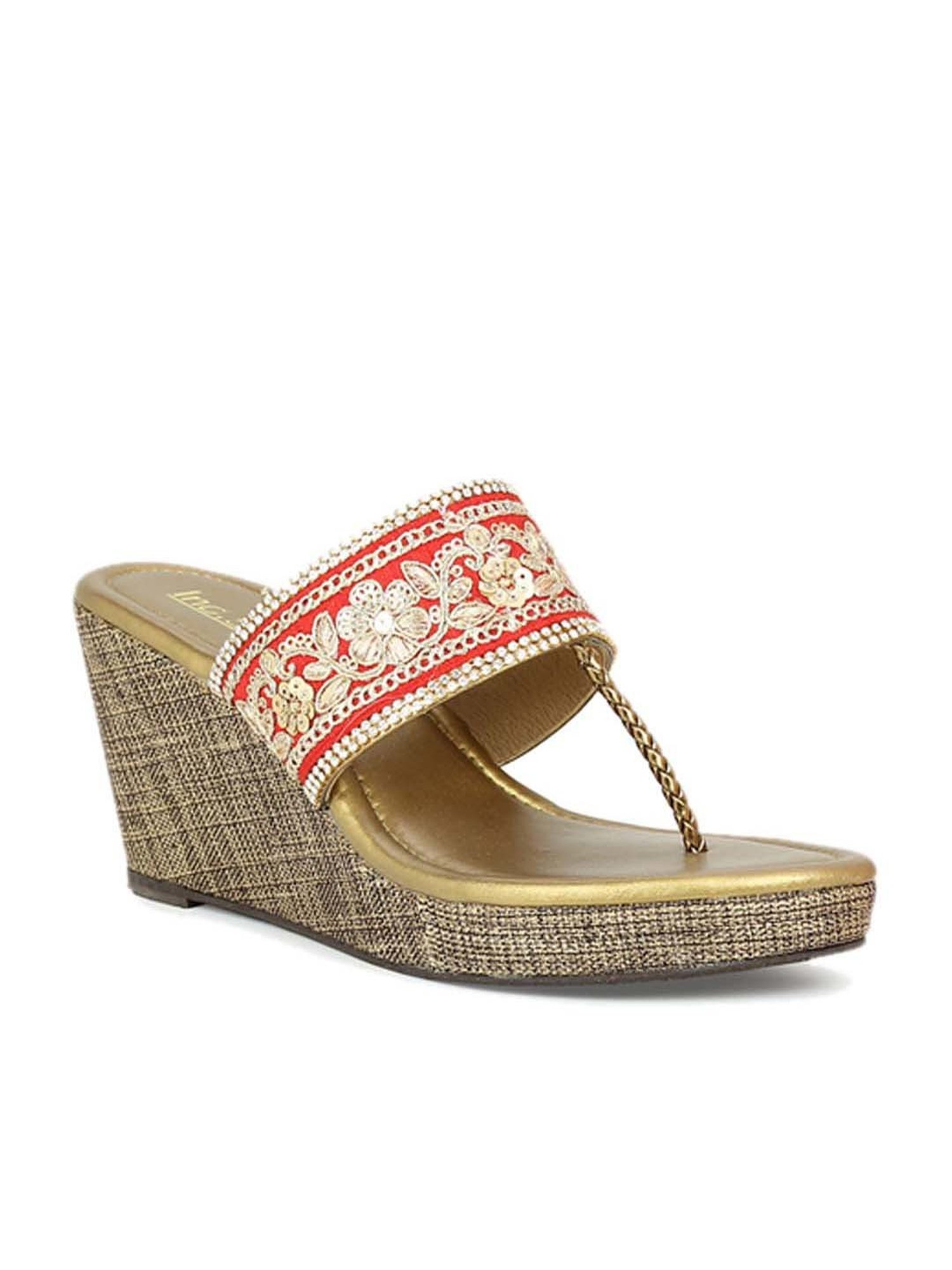 Buy Gold Embroidered Aarha Floral Kolhapuri Wedges by Essem Online at Aza  Fashions.