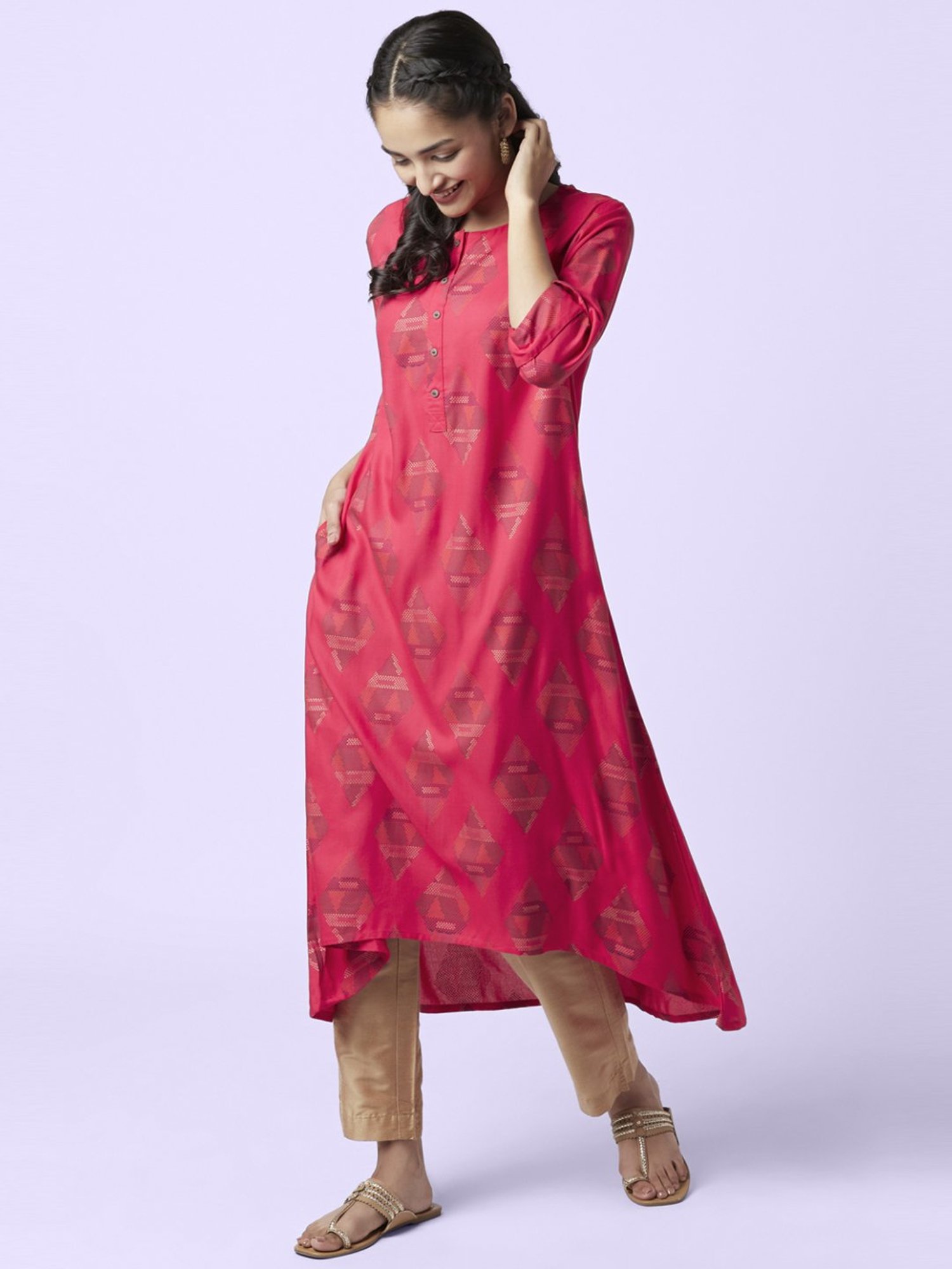 YU by Pantaloons Pink Cotton Printed Straight Kurta