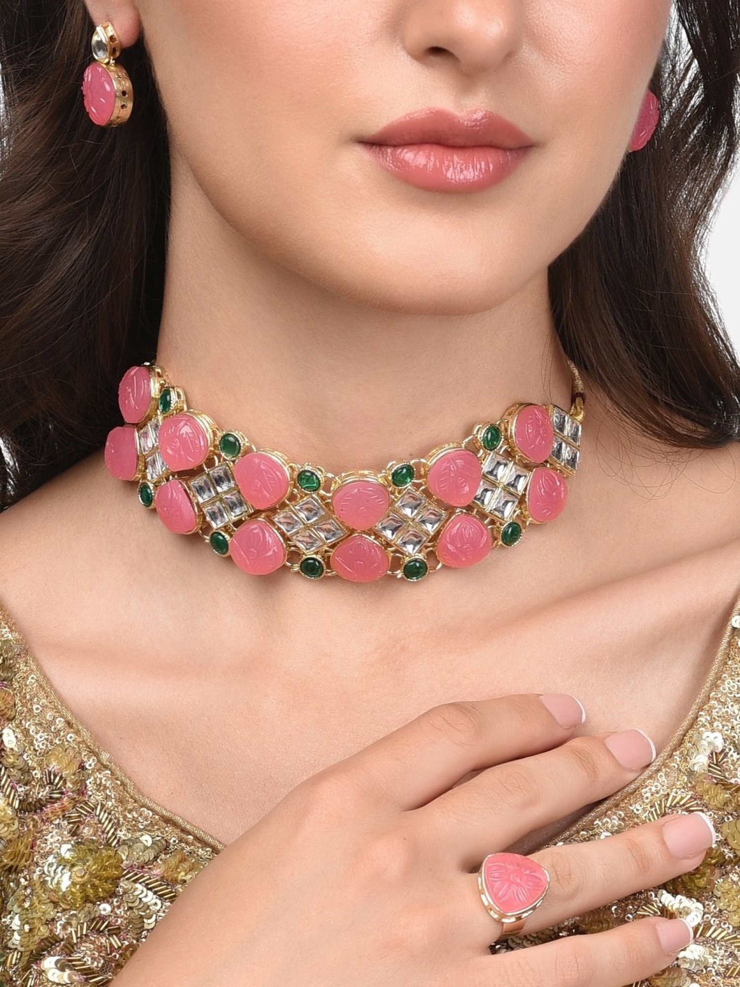 Buy Pink Pearls Enamelled Lotus Lace Choker by Zariin Online at Aza  Fashions.
