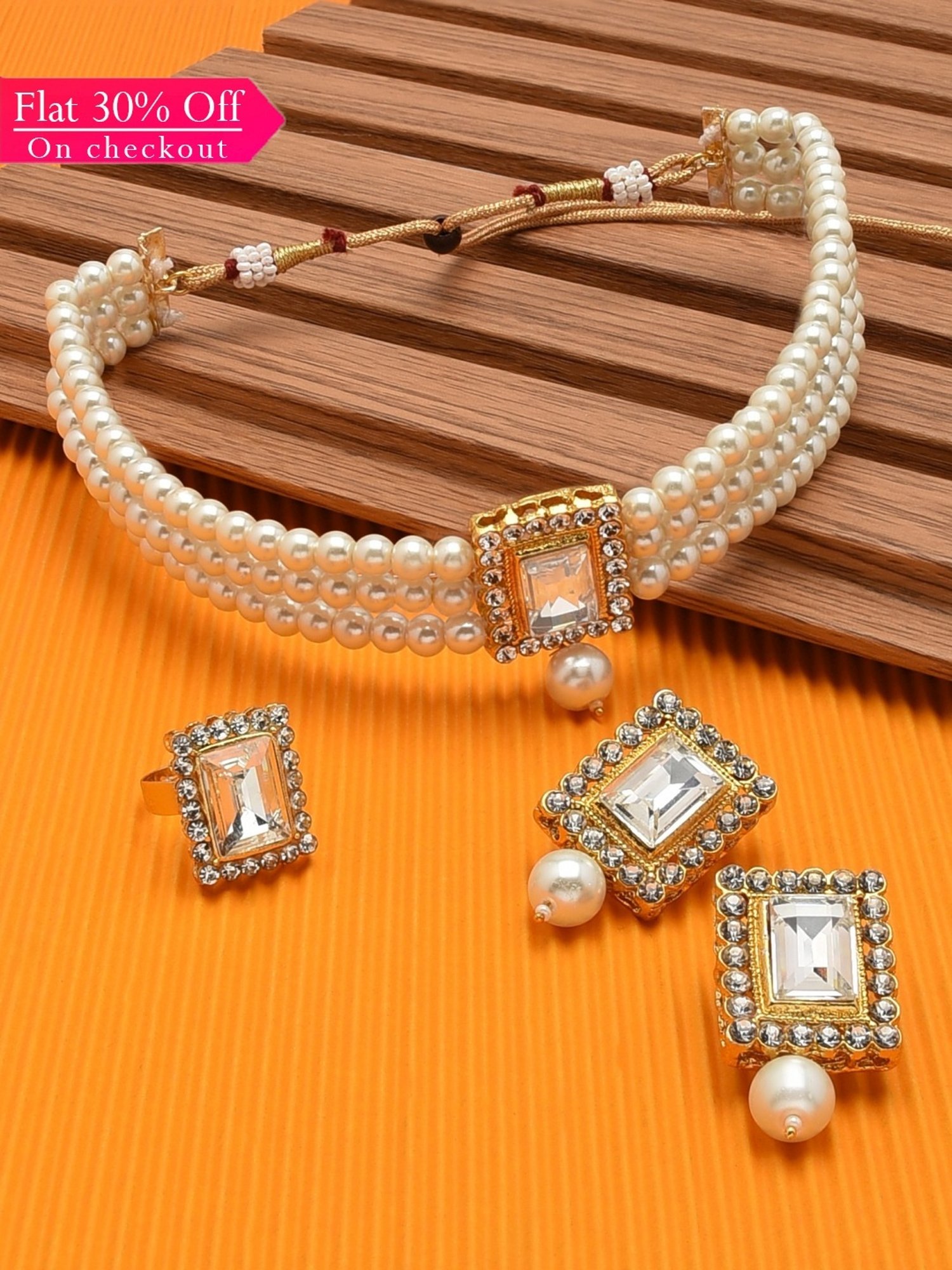 Buy Zaveri Pearls Pearls Choker Earring & Ring Set-ZPFK11456