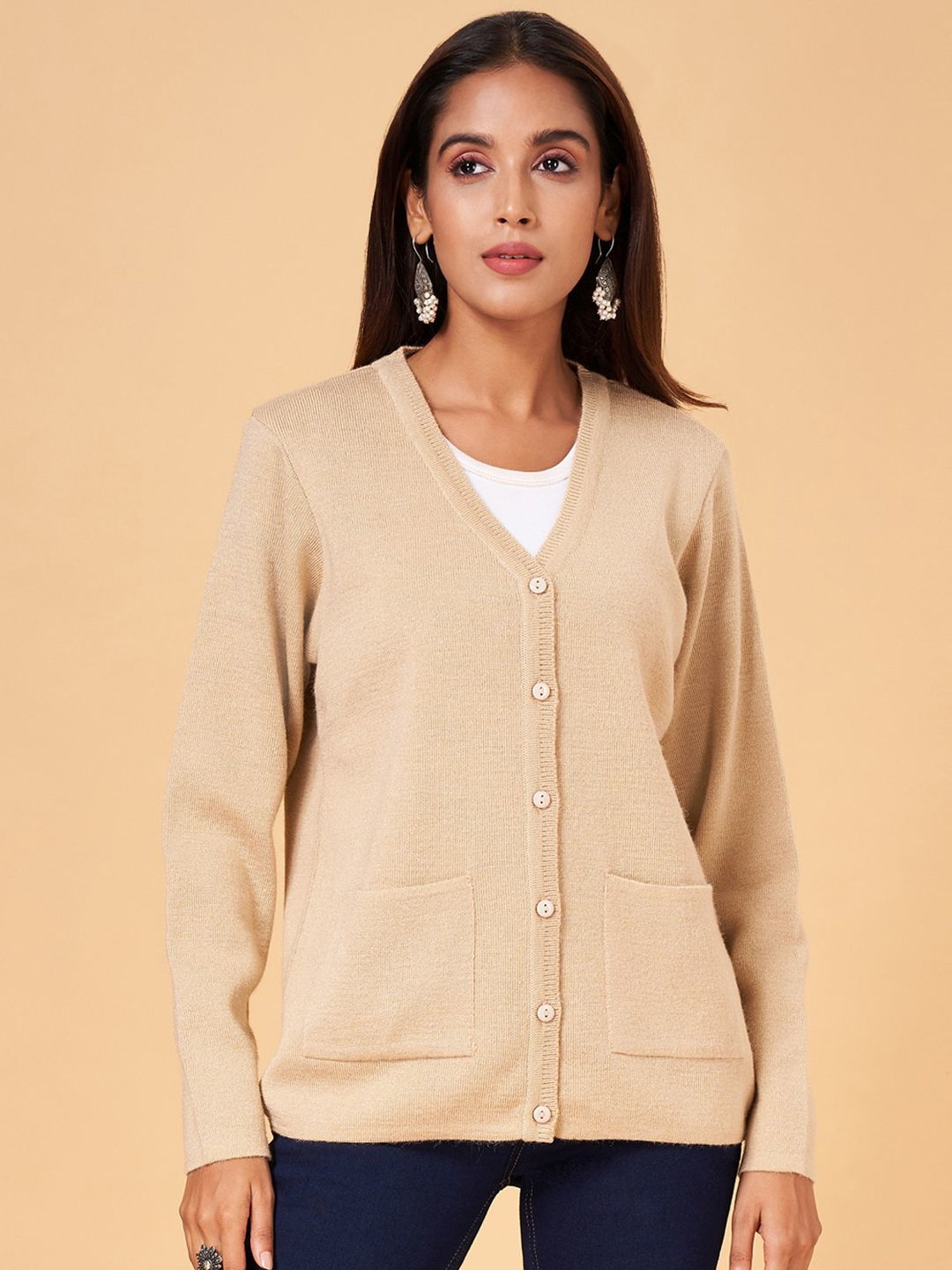 Beige v outlet neck cardigan