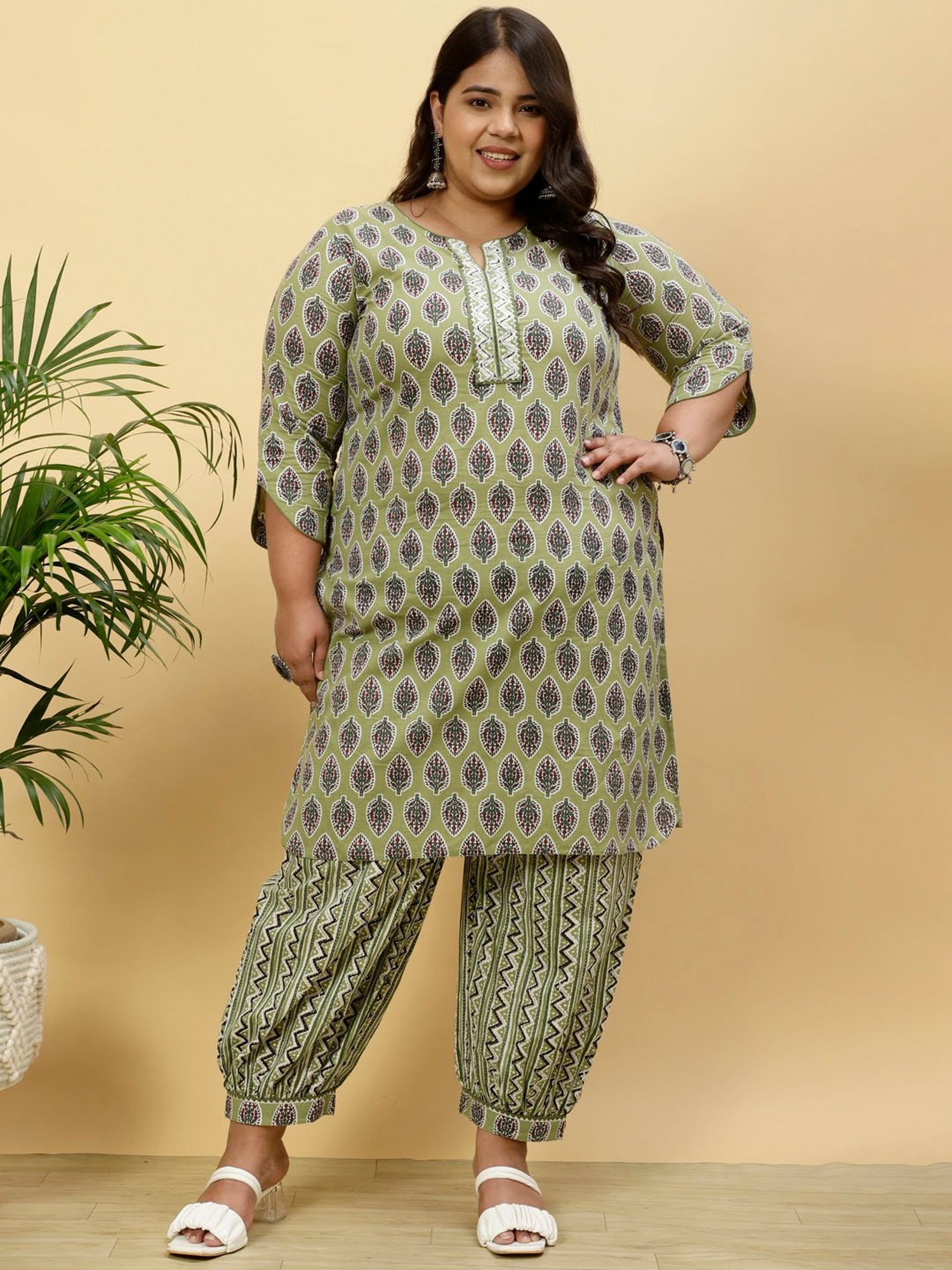 Shop Embroidered Textured Cotton Suit Set 3700 Online - Women Plus