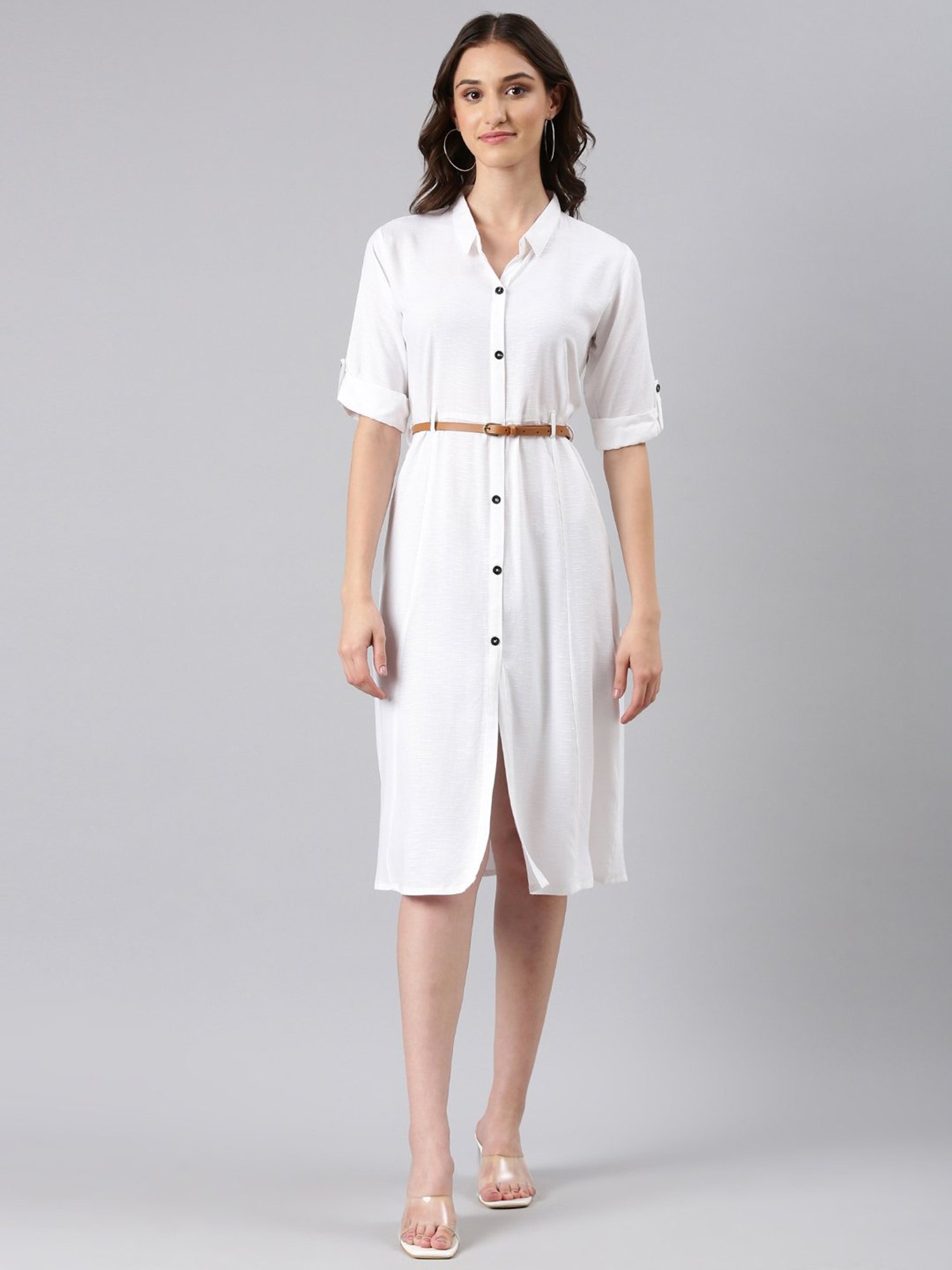 Linen Short Sleeve Maxi Shirt Dress in White – shopstateside.us