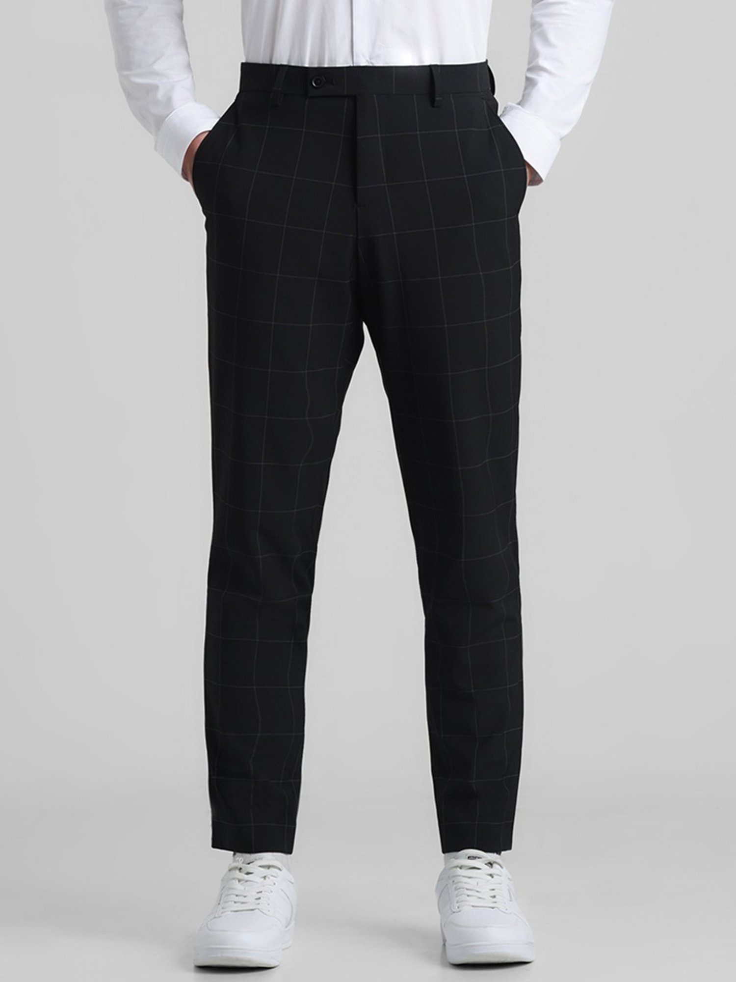 Dark Grey Check Pleated Relaxed Fit Trousers | New Look