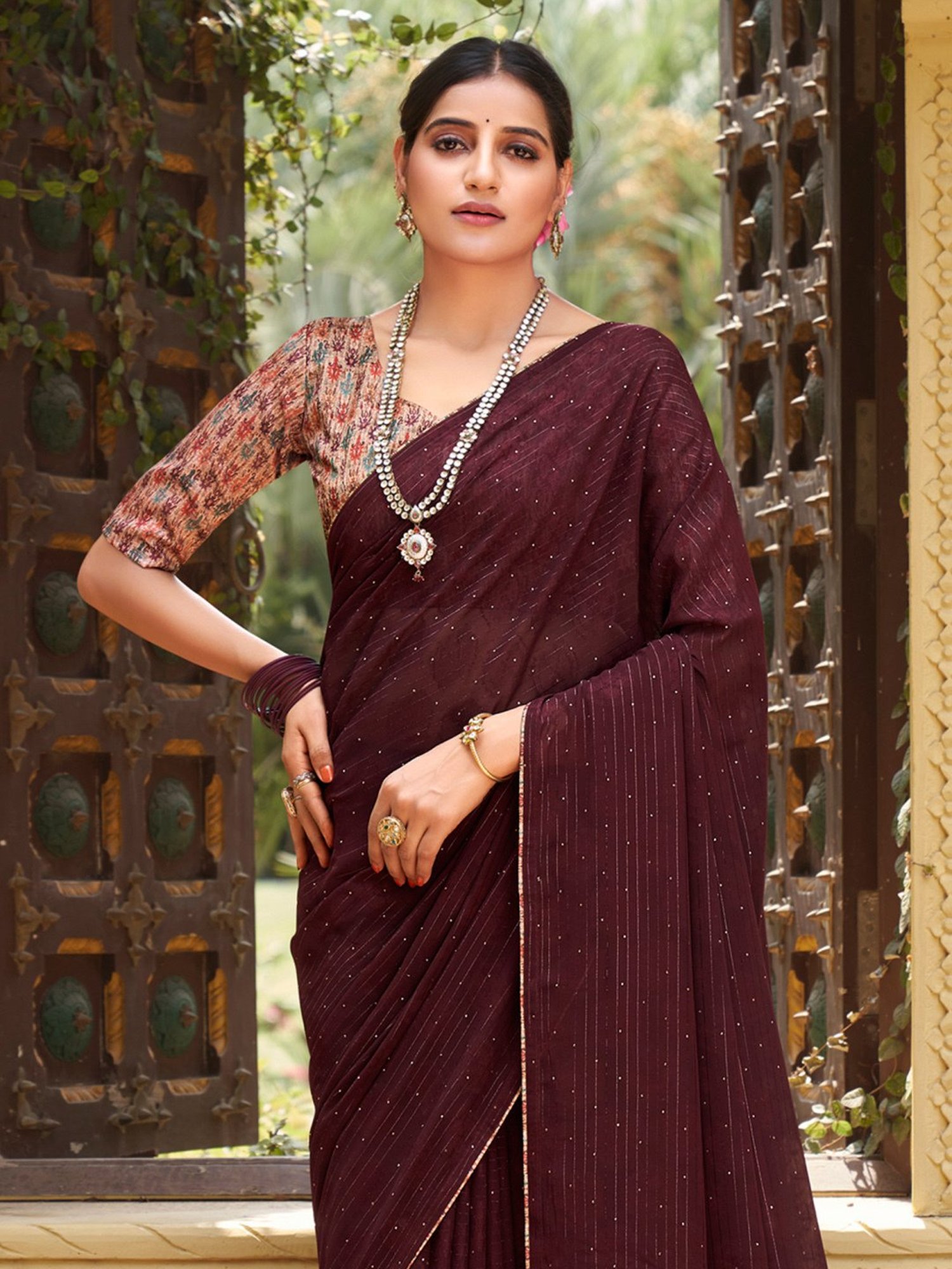 Maroon Embellished Pre Stitched Saree in Lycra with Patch Work -...