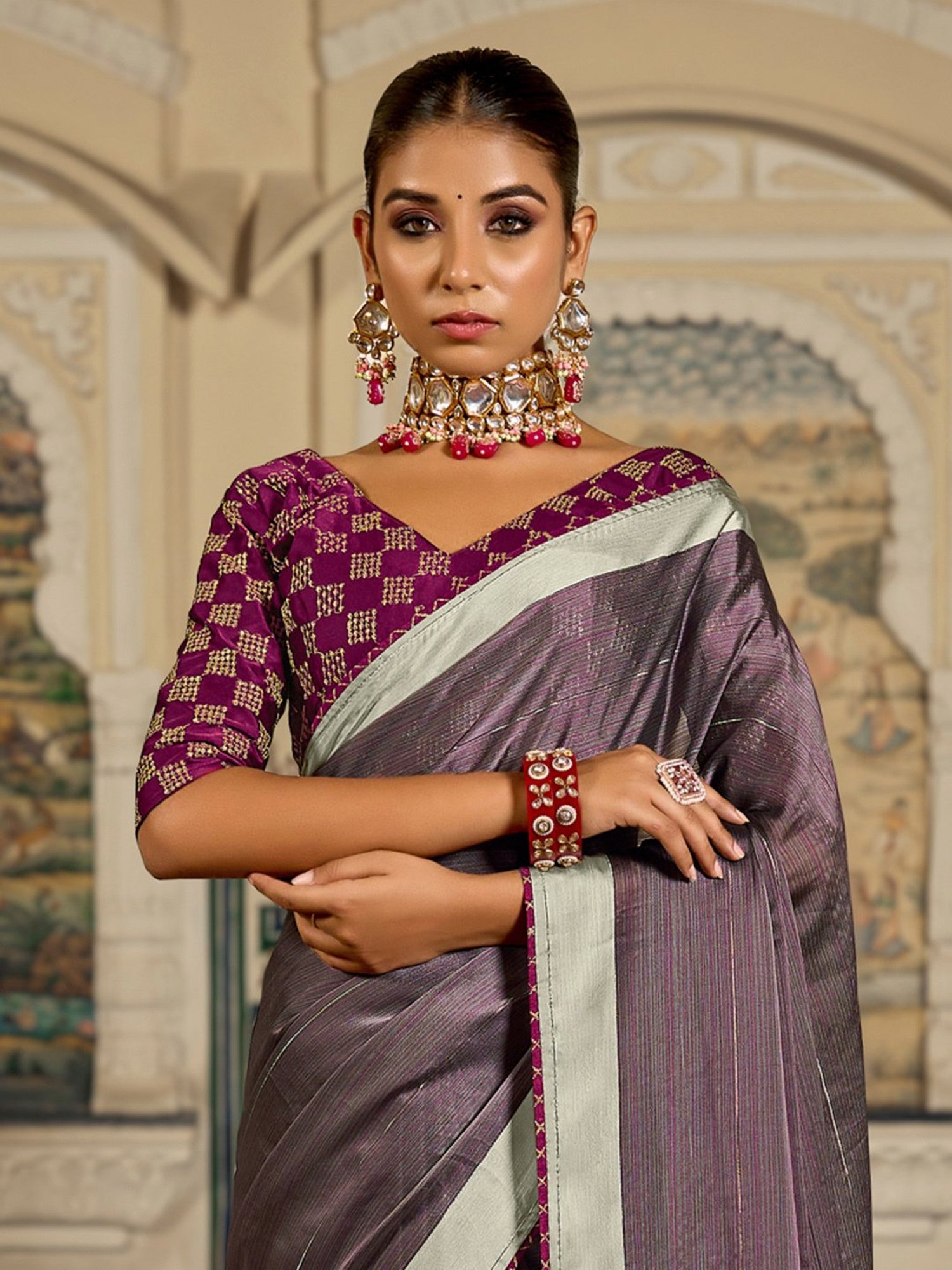 Lilac Saree With Printed Blouse