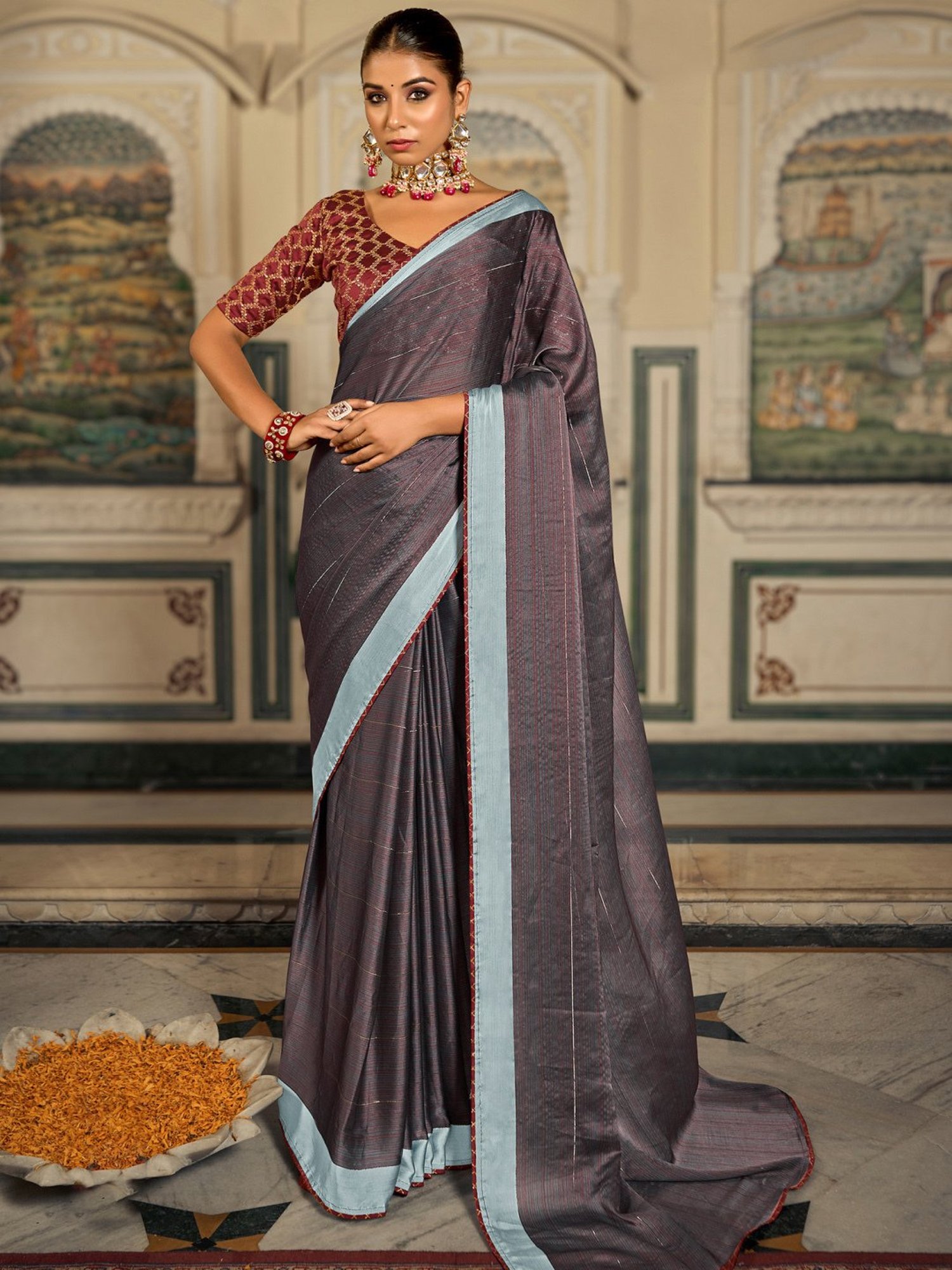 Buy Green, Black And Grey Saree In Silk Blend With Color Block Print And  Striped Pallu KALKI Fashion India