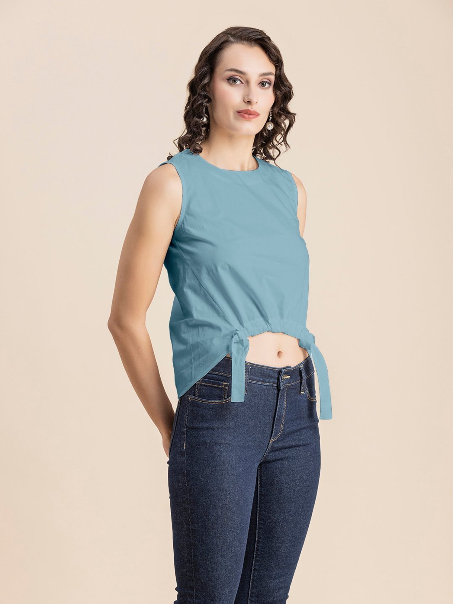 Moomaya Solid Tank Tops For Women, Sleeveless Collar Neck Shirt Crop Top  Blouse