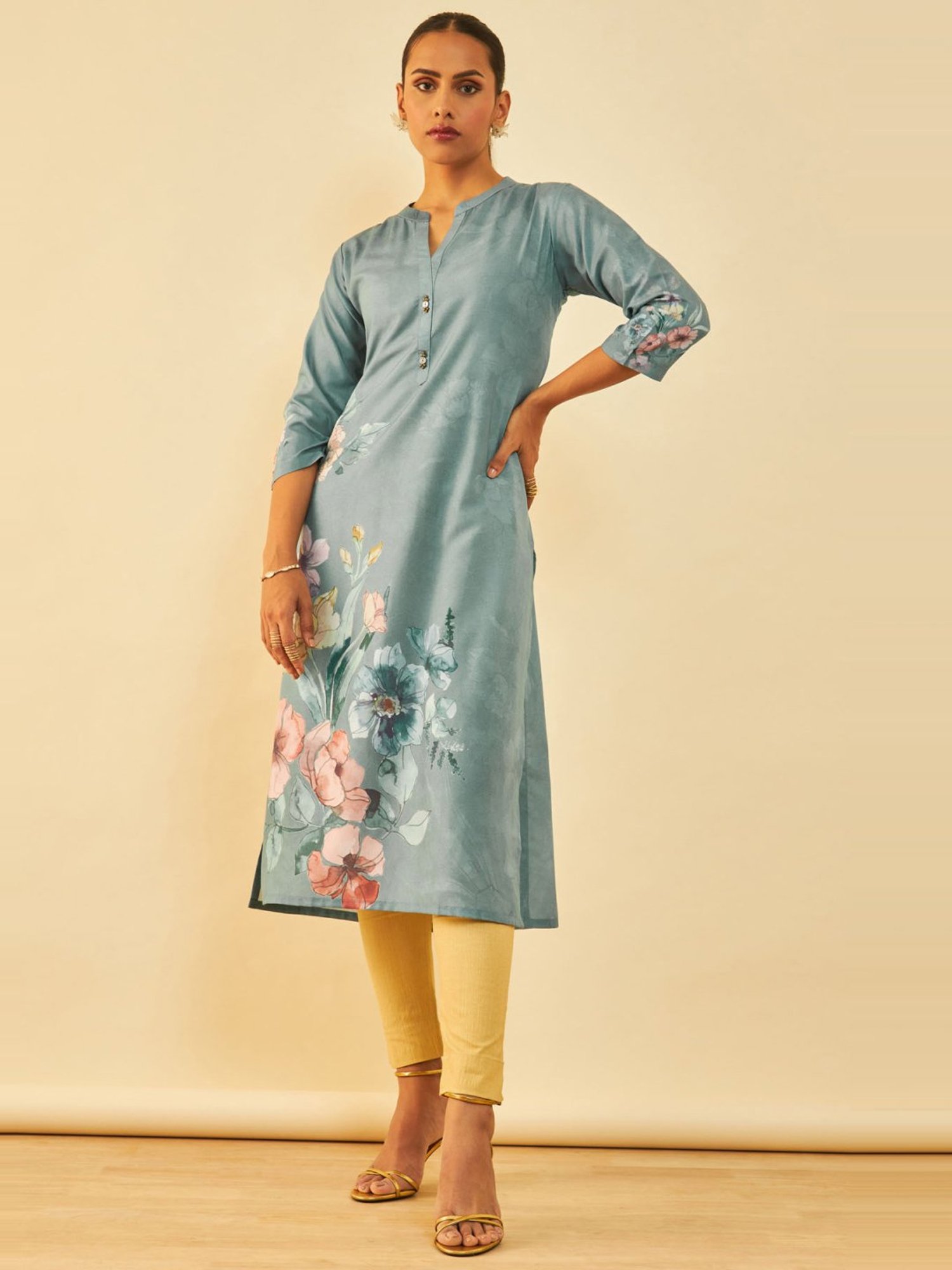 Soch Sap Green Muslin Blend Floral Print Straight Kurta