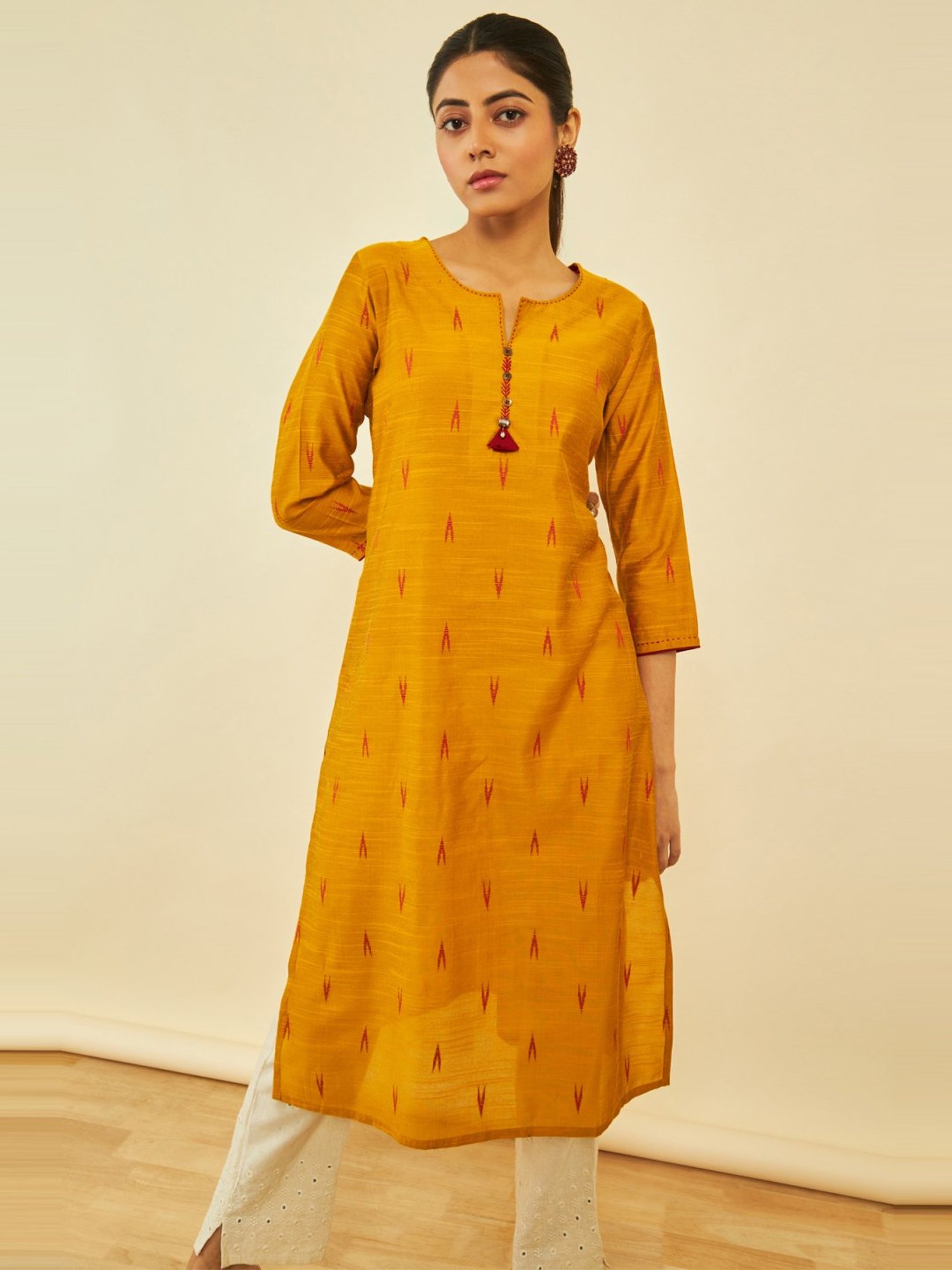 Buy Yellow Self Design Silk Blend Straight Kurta With Trousers