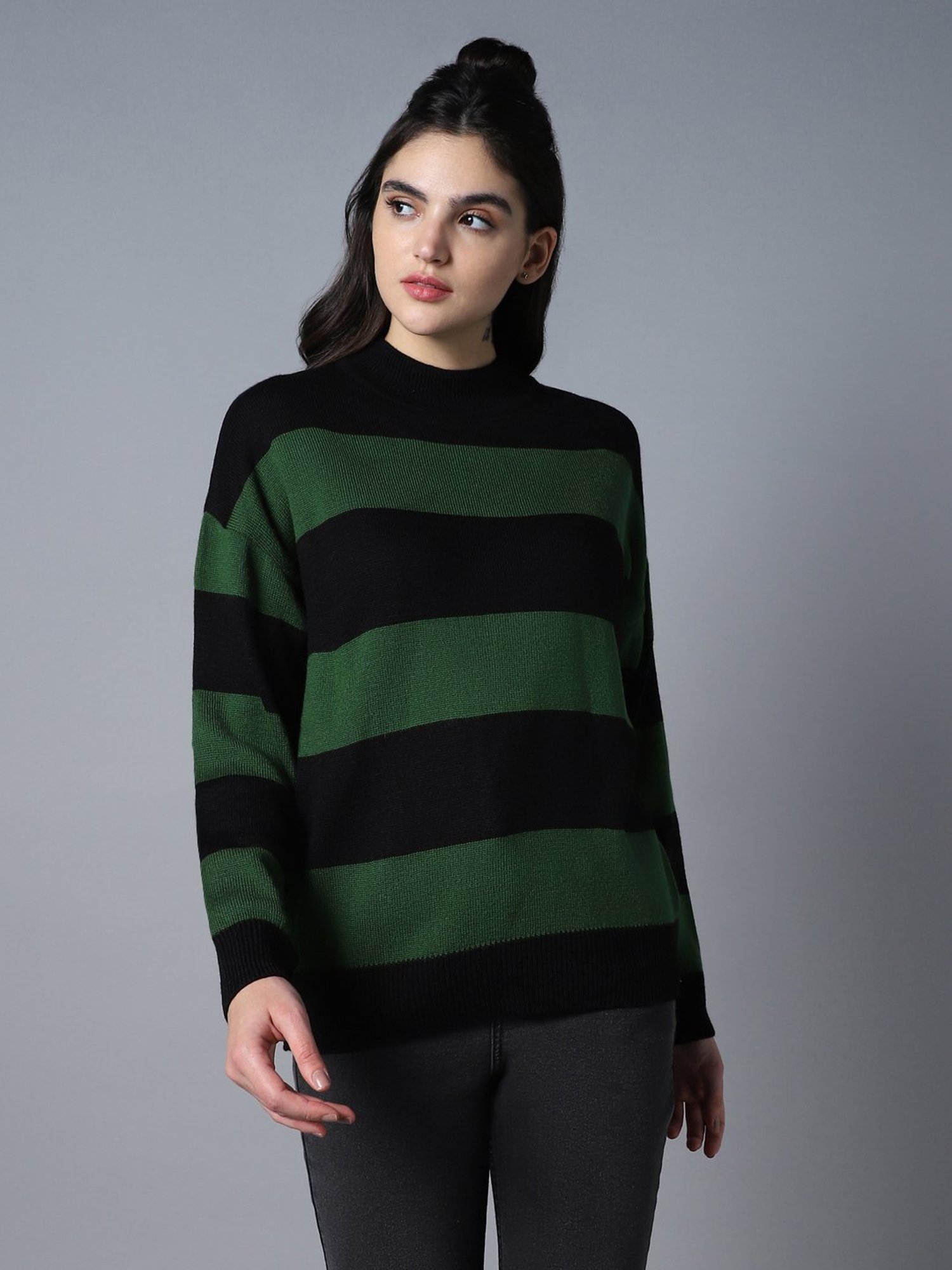 Green and on sale black striped jumper