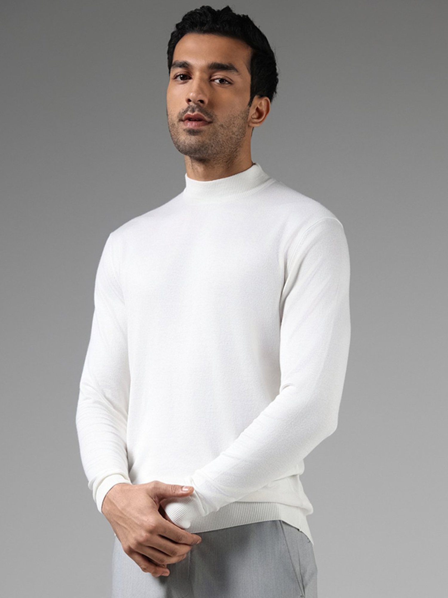 WES Formals by Westside Solid Off White Slim Fit High Neck Sweater