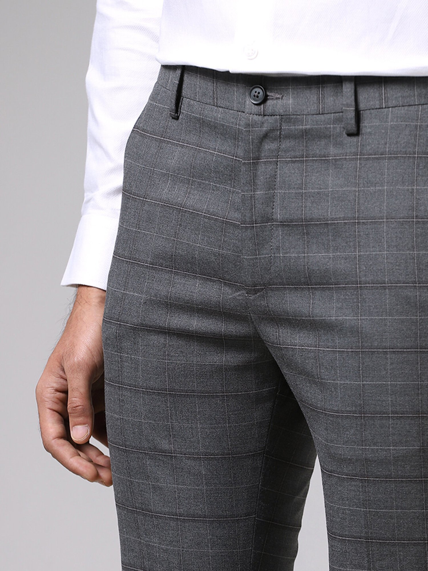 Men Grey Check Pure Cotton Slim Fit Formal Trouser