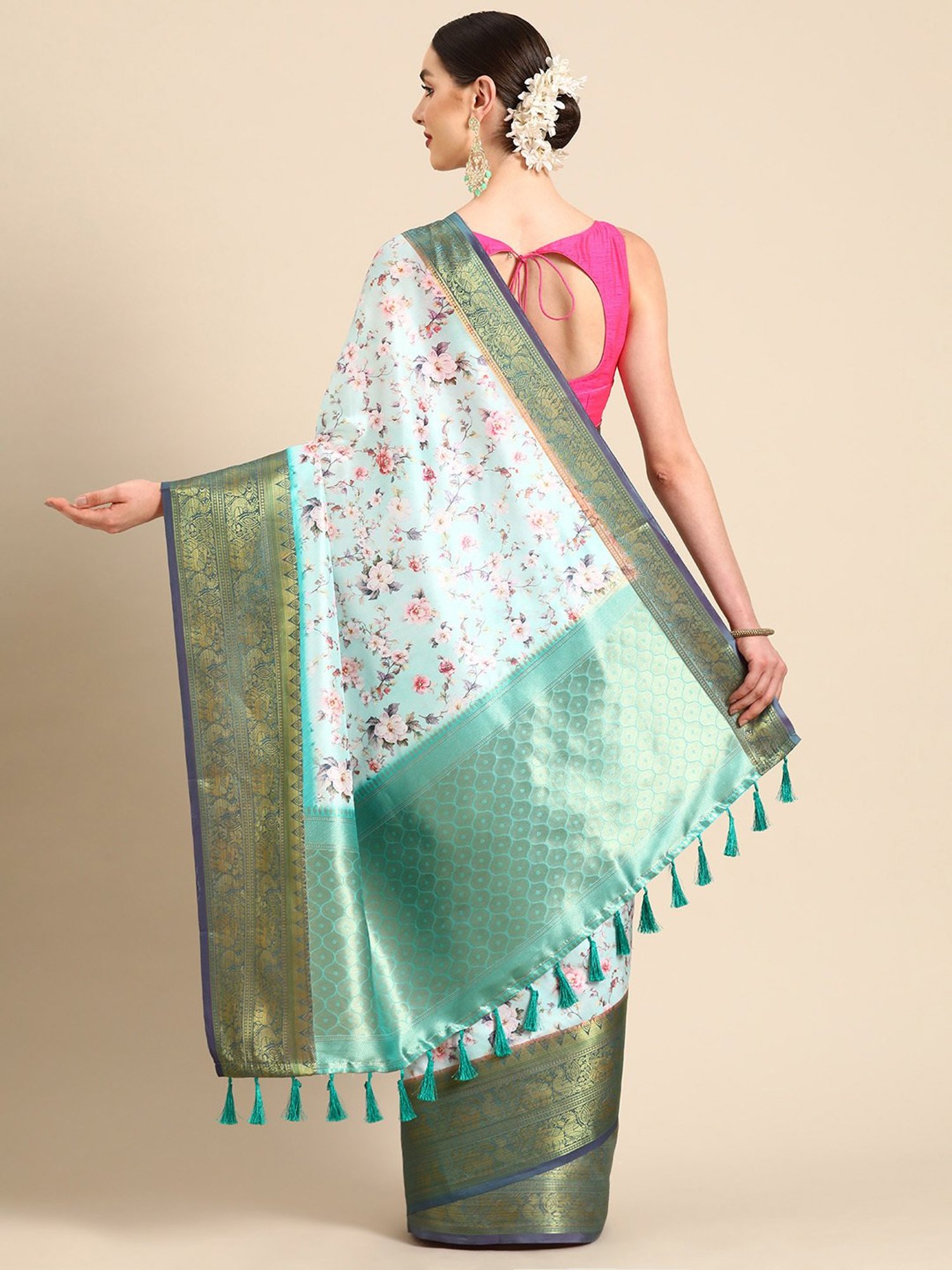 Silk Land Sea Green Silk Floral Saree With Unstitched Blouse