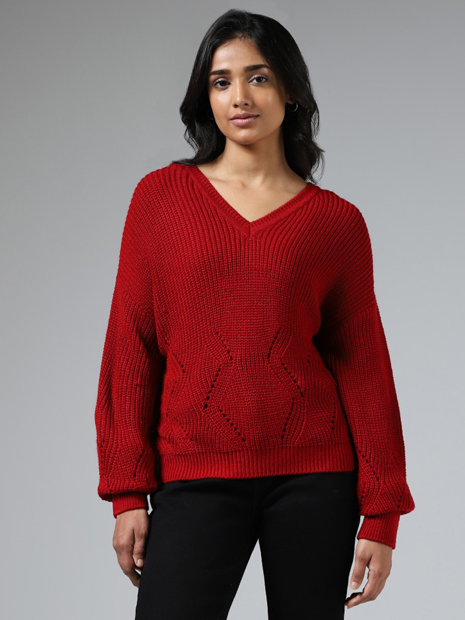 Buy LOV by Westside Red Pointelle Knit Sweater for Online @ Tata CLiQ