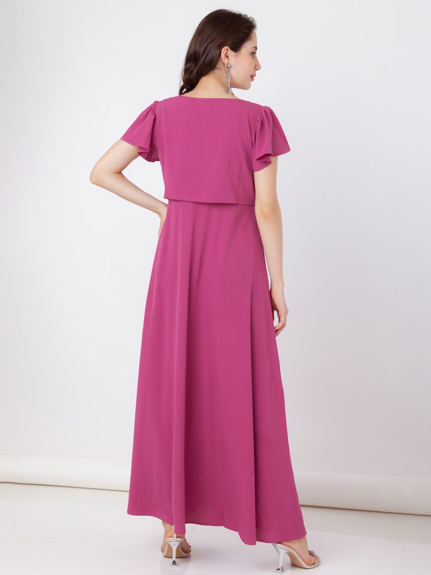 Fondant pink long dress with sleeve tie-up and front slit in skirt #RT