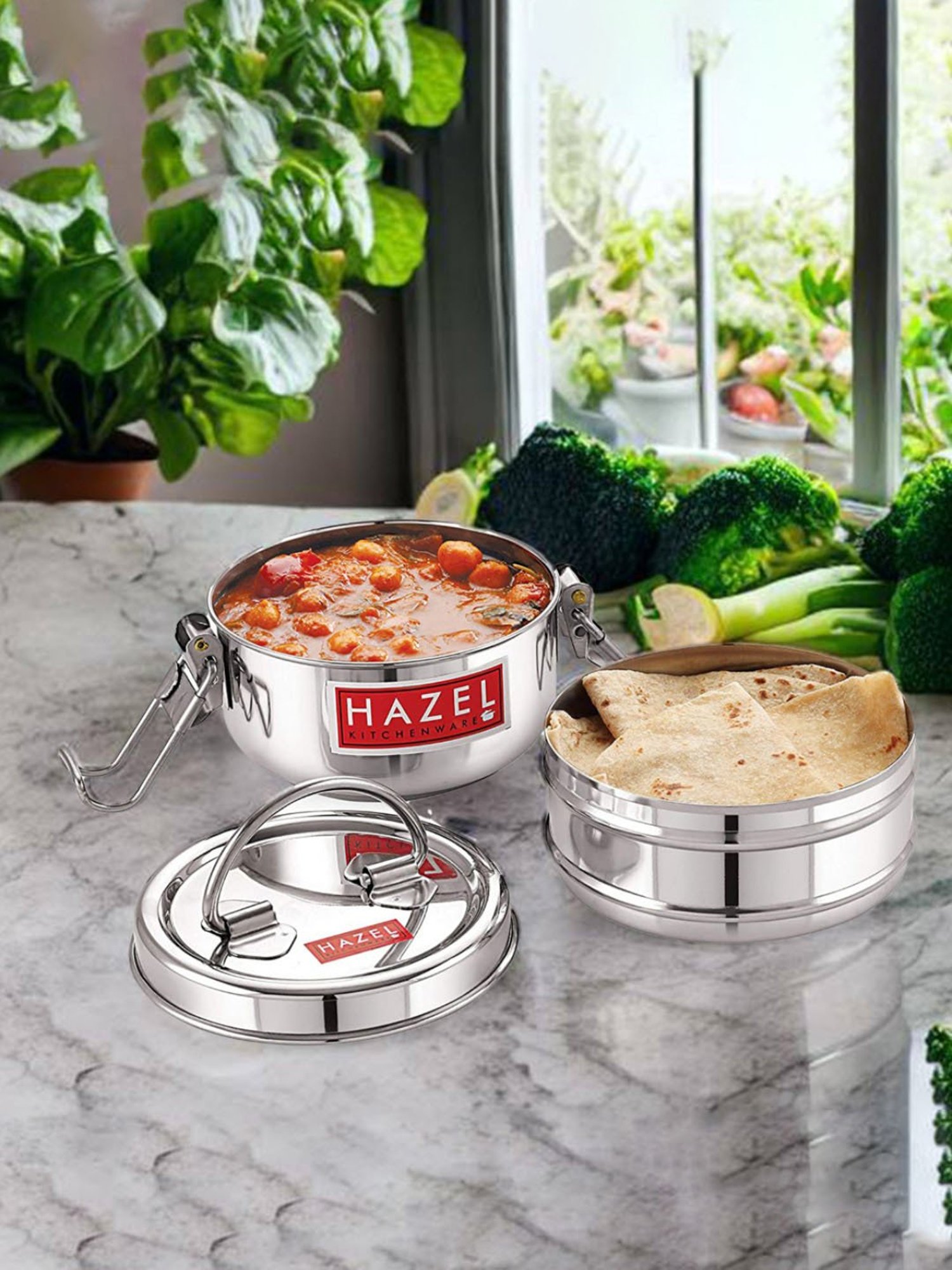 Hazel Steel Tiffin Box For Office, Stainless Steel Lunch Box Set With 2  Containers