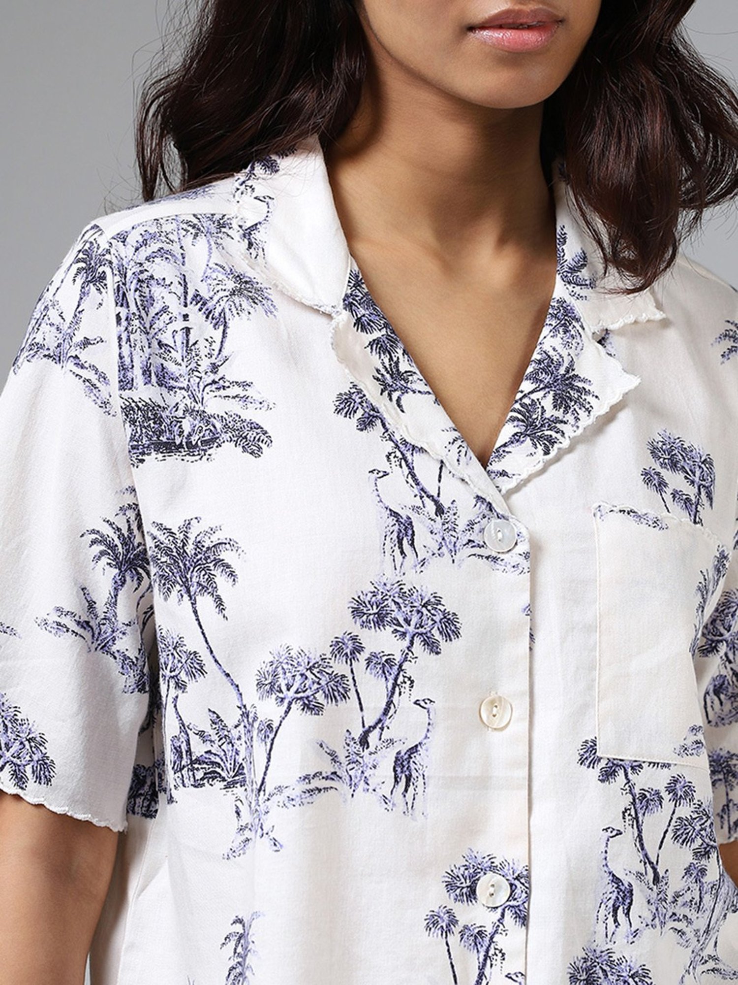 Wunderlove by Westside White & Indigo Tropical Print Shirt & Pyjama Set